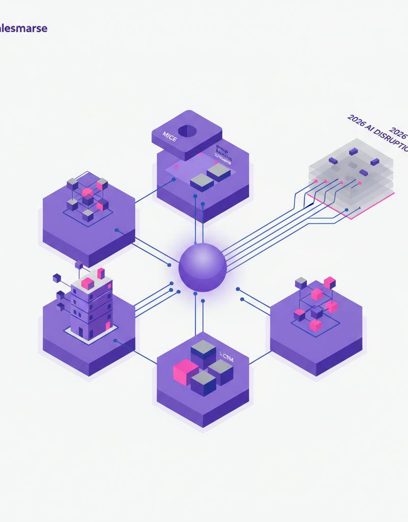 Salesforce-native group booking software architecture connecting MICE, CRM, and AI disruption layers for 2026
